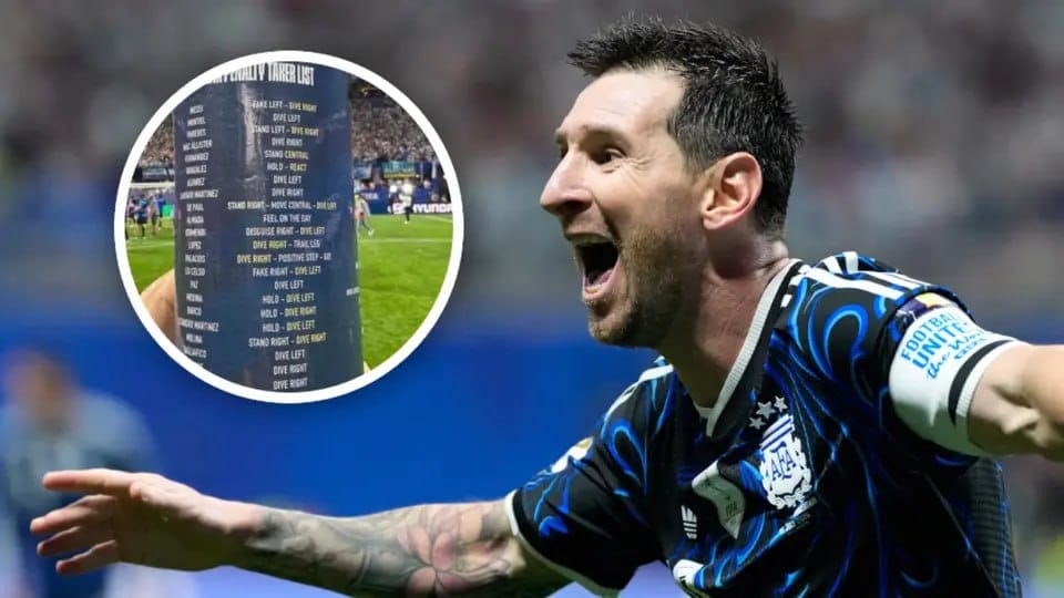 Messi observa el acordeón de Pickford en la botella de agua tras la semifinal