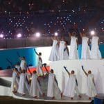 Ceremonia de apertura de los JCC Santo Domingo 2026 con drones en el cielo
