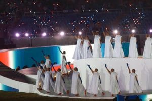 Ceremonia de apertura de los JCC Santo Domingo 2026 con drones en el cielo